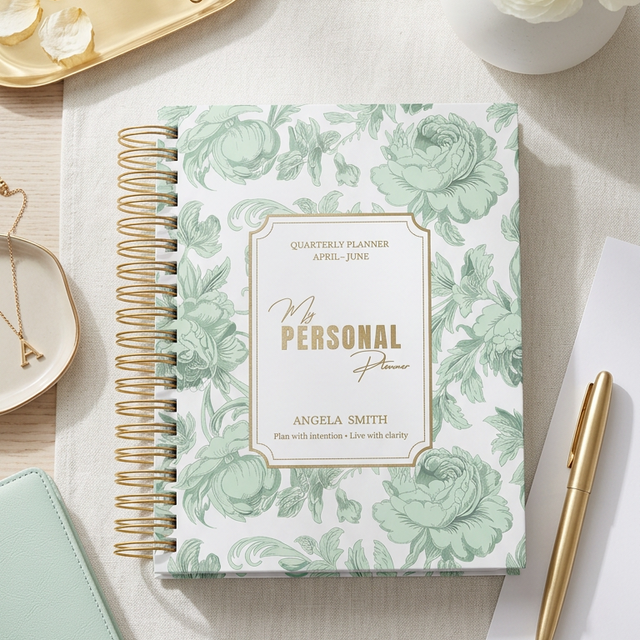 Floral notebook on a desk with a pen and flowers