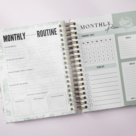 Dreamy Peonies | Daily Spiral Planner |  Custom Start Month |Green