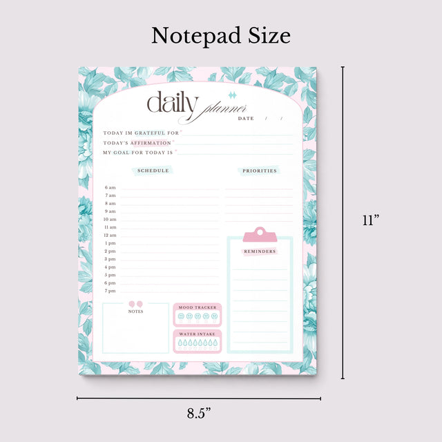 Daily Planner Notepad Floral Teal Pink | Tear Off Undated Letter Size | Gift for Her