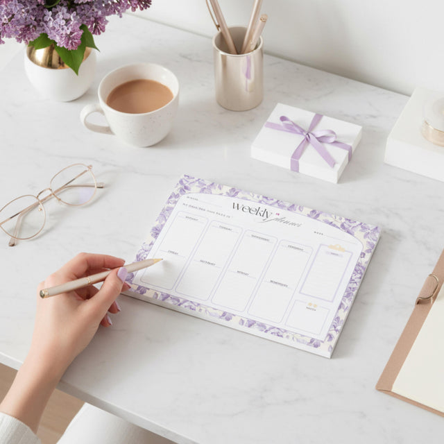Floral Weekly Planner Notepad | Pastel Purple Yellow Design, Undated Tear-Off Layout