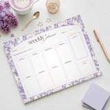Floral Weekly Planner Notepad | Pastel Purple Yellow Design, Undated Tear-Off Layout