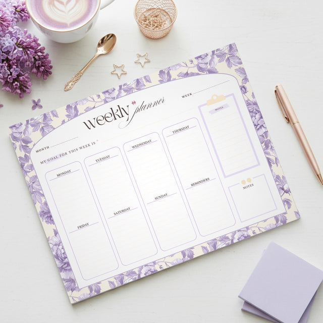 Floral Weekly Planner Notepad | Pastel Purple Yellow Design, Undated Tear-Off Layout