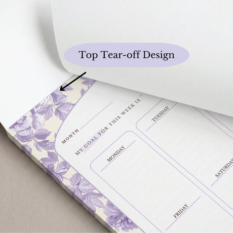 Floral Weekly Planner Notepad | Pastel Purple Yellow Design, Undated Tear-Off Layout