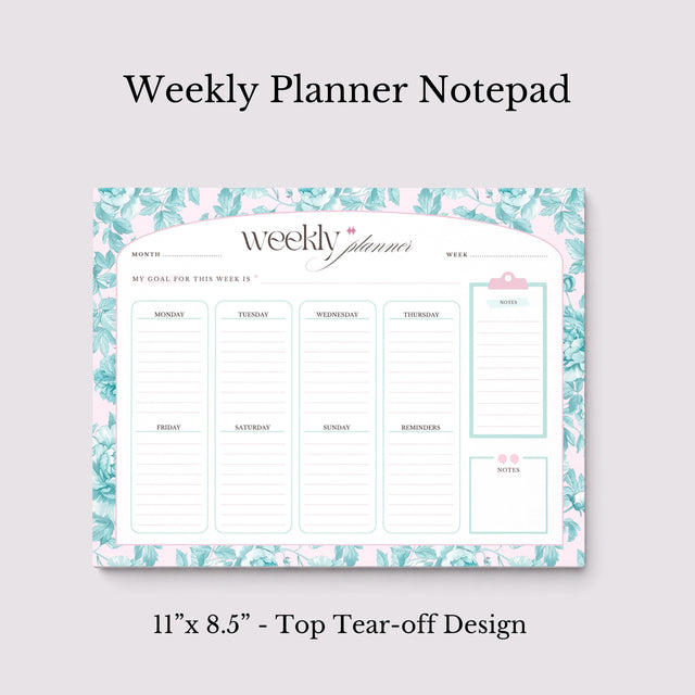 Teal Floral Weekly Planner Notepad | Undated Tear-Off Daily Schedule (8.5" x 11")