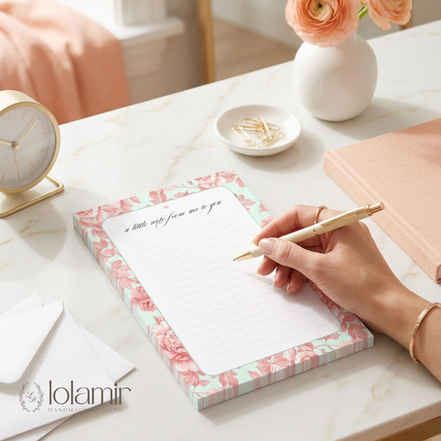 Floral Notepad | Peach Flowers, Pastel Green Stationery Pad (5x7 Inches)
