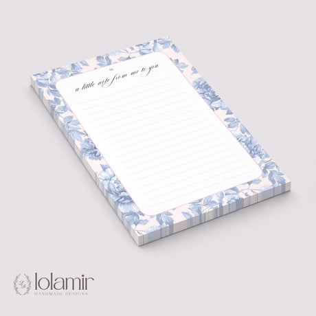 Floral Notepad Stationery Pad | Blue Flowers, Pink Background | 5x7 Lined Sheets