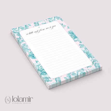 Floral Notepad | Teal Flowers, Pink Background, Lined Stationery Pad