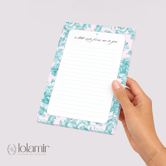 Floral Notepad | Teal Flowers, Pink Background, Lined Stationery Pad