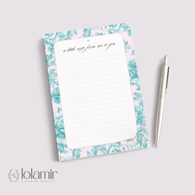 Floral Notepad | Teal Flowers, Pink Background, Lined Stationery Pad