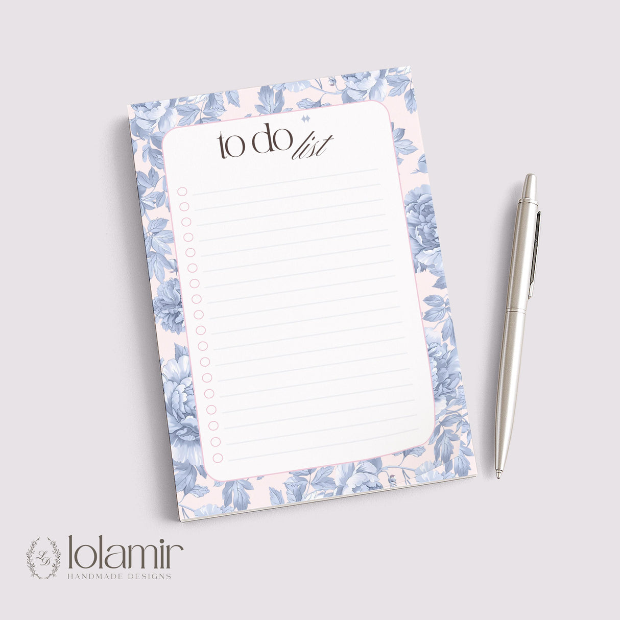 Floral To Do List Notepad - Blue Flowers Pastel Pink Checklist Pad