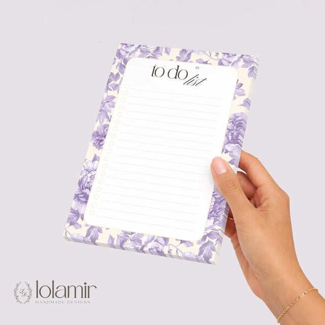 Floral To Do List Notepad | Purple Flowers, Pastel Yellow Checklist Pad
