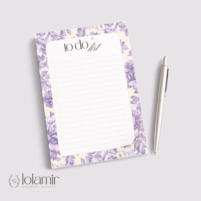 Floral To Do List Notepad | Purple Flowers, Pastel Yellow Checklist Pad