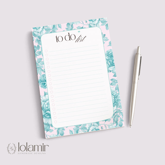 Floral To Do List Notepad | Teal Flowers, Pastel Pink, 50 Pages 5x7 Checklist Pad