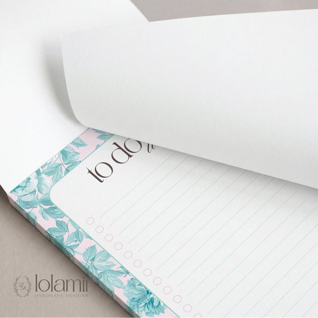 Floral To Do List Notepad | Teal Flowers, Pastel Pink, 50 Pages 5x7 Checklist Pad