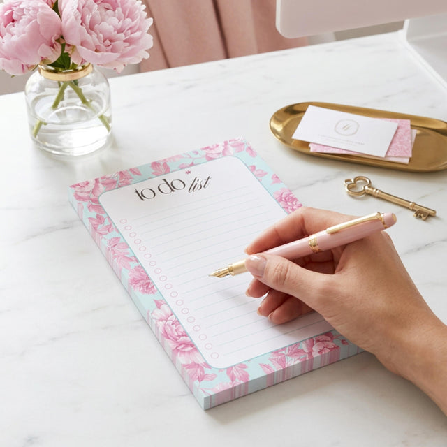 Floral To Do List Notepad | Pink Peony Checklist Pad (5x7 Inches)