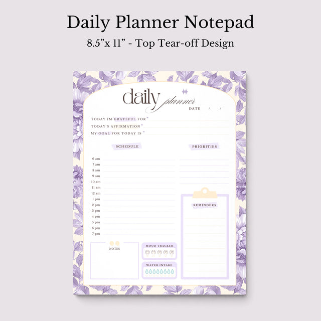 Daily Planner Notepad Floral Lilac Yellow | Tear Off Undated Letter Size | Gift for Her
