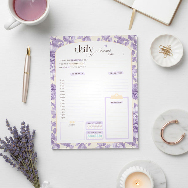 Daily Planner Notepad Floral Lilac Yellow | Tear Off Undated Letter Size | Gift for Her
