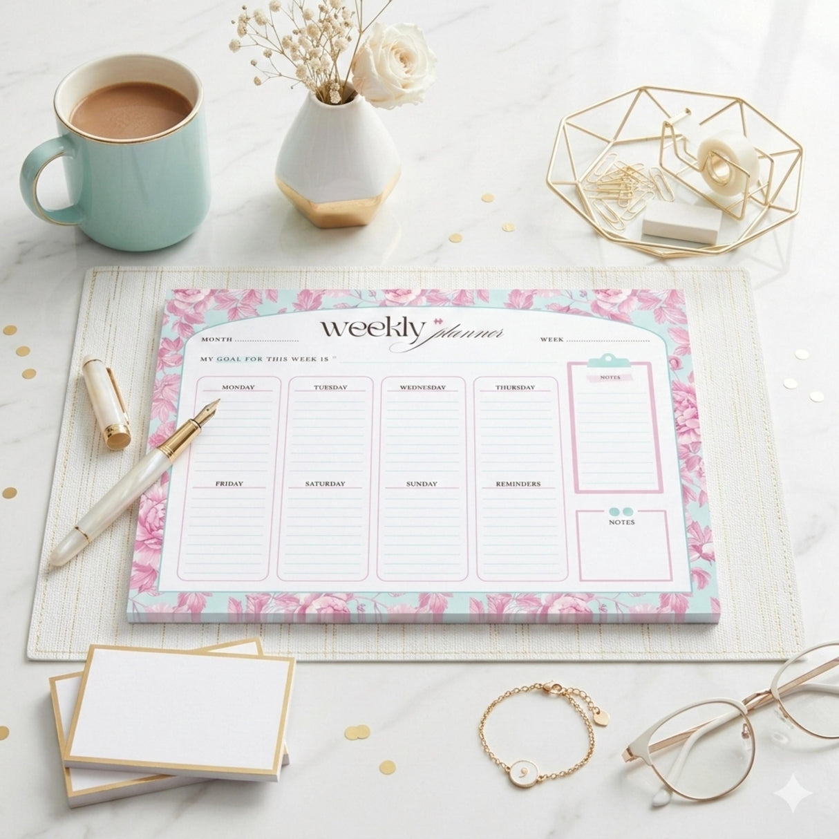 Weekly Planner Notepad - Light Marigolds - Pink - view 4