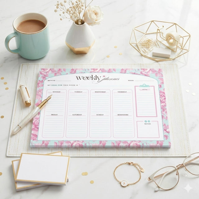 Floral Weekly Planner Notepad | Pink Teal Undated Tear-Off Schedule (8.5" x 11")