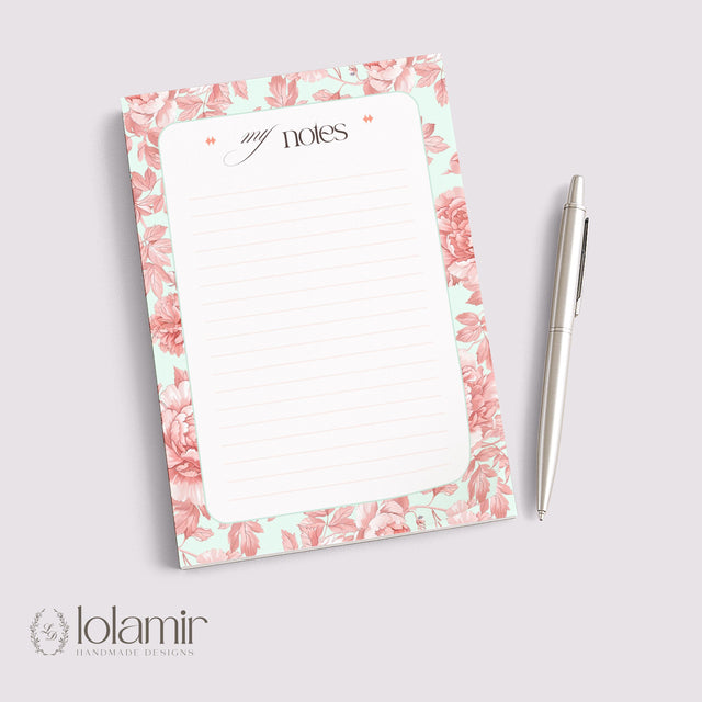 Floral Lined Notepad | Peach Sage Green Tear-Off Desk Pad | 5x7 Stationery