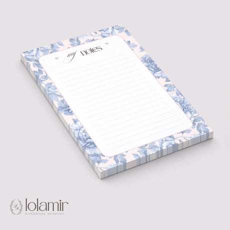 Floral Lined Notepad | Pastel Blue Pink Stationery Tear-Off Pad (5x7)