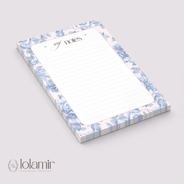 Floral Lined Notepad | Pastel Blue Pink Stationery Tear-Off Pad (5x7)