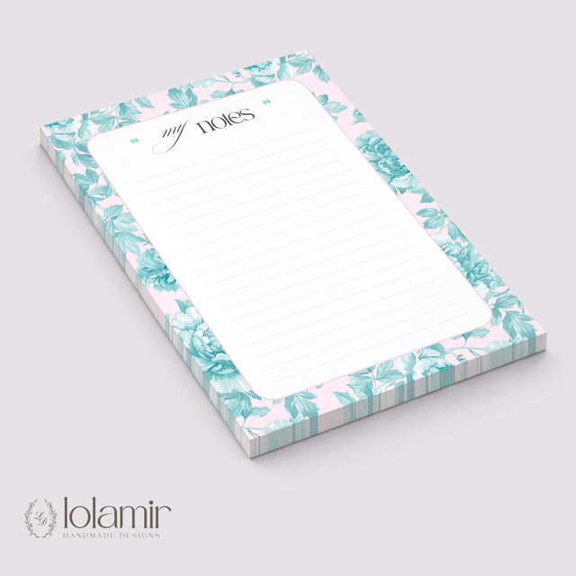 Floral Lined Notepad | Pastel Teal Pink Desk Pad | 5x7 Stationery Gift
