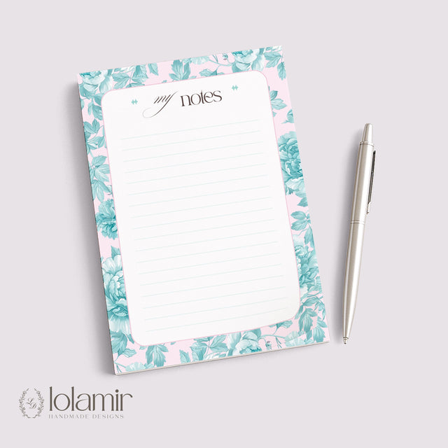 Floral Lined Notepad | Pastel Teal Pink Desk Pad | 5x7 Stationery Gift