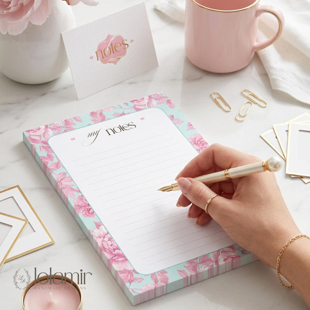 Floral Lined Notepad | Pastel Pink Teal Desk Stationery Pad (5x7)