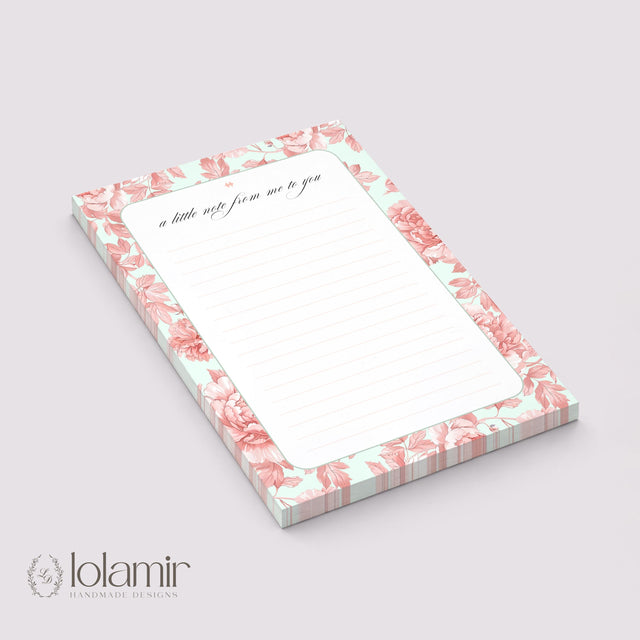 Floral Notepad | Peach Flowers, Pastel Green Stationery Pad (5x7 Inches)