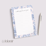 Floral Notepad Stationery Pad | Blue Flowers, Pink Background | 5x7 Lined Sheets