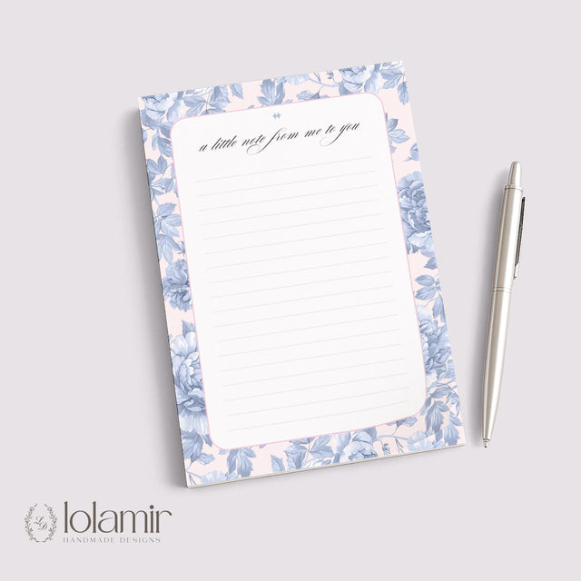 Floral Notepad Stationery Pad | Blue Flowers, Pink Background | 5x7 Lined Sheets