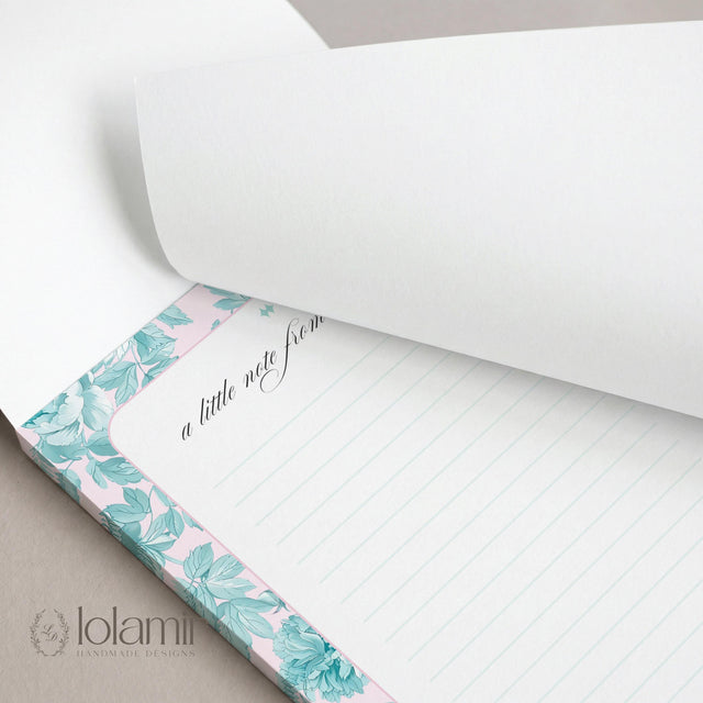 Floral Notepad | Teal Flowers, Pink Background, Lined Stationery Pad