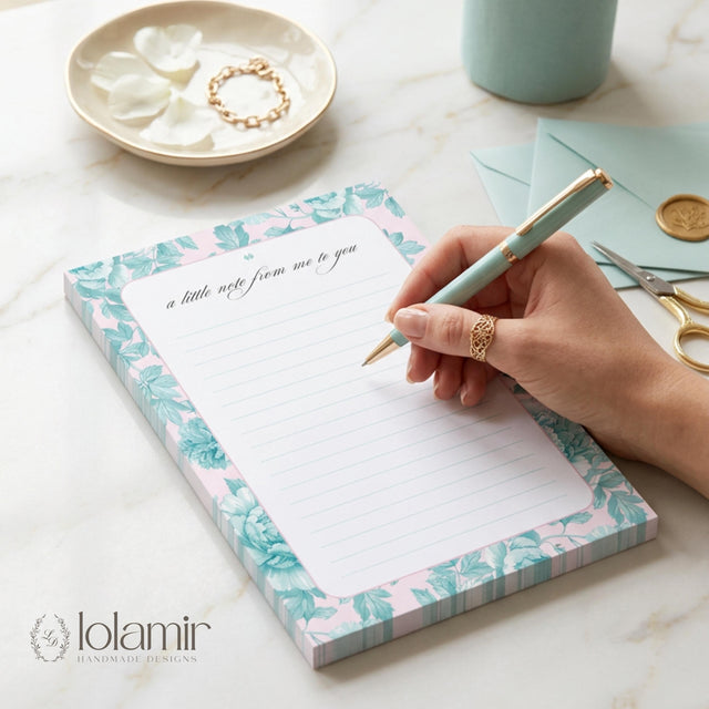 Floral Notepad | Teal Flowers, Pink Background, Lined Stationery Pad
