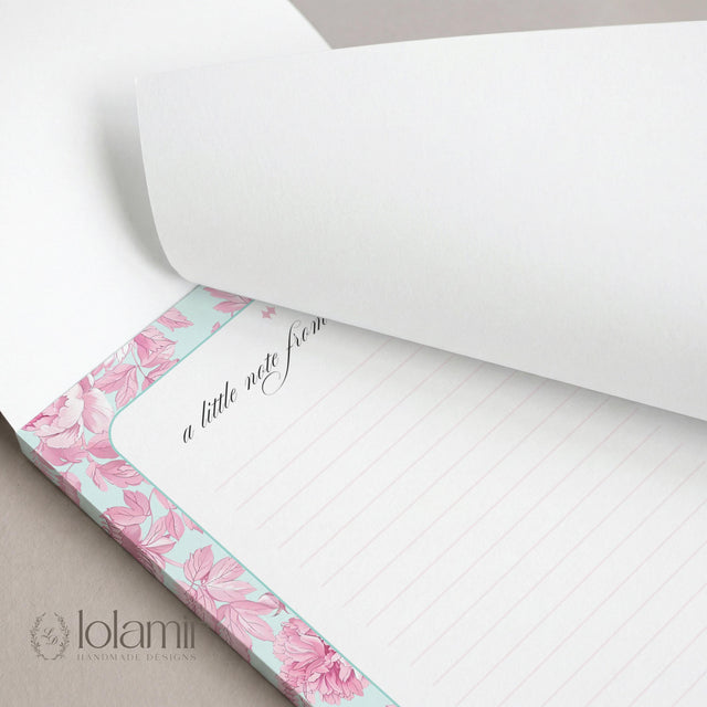 Floral Notepad | Pink Peonies, Teal Background, Lined Stationery Pad