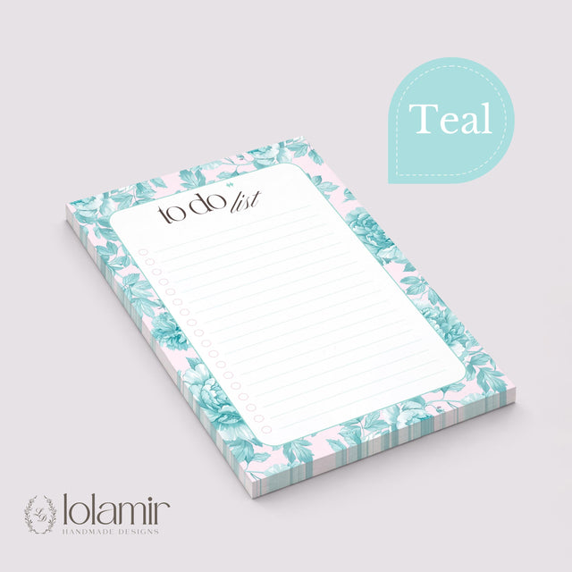 Floral To Do List Notepad | Teal Flowers, Pastel Pink, 50 Pages 5x7 Checklist Pad