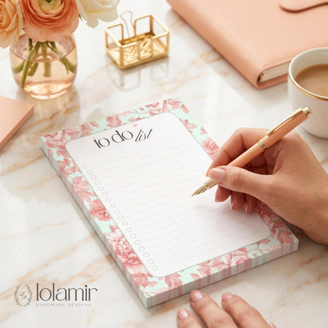 Floral To Do List Notepad | Peach Flowers, Pastel Green Checklist Pad