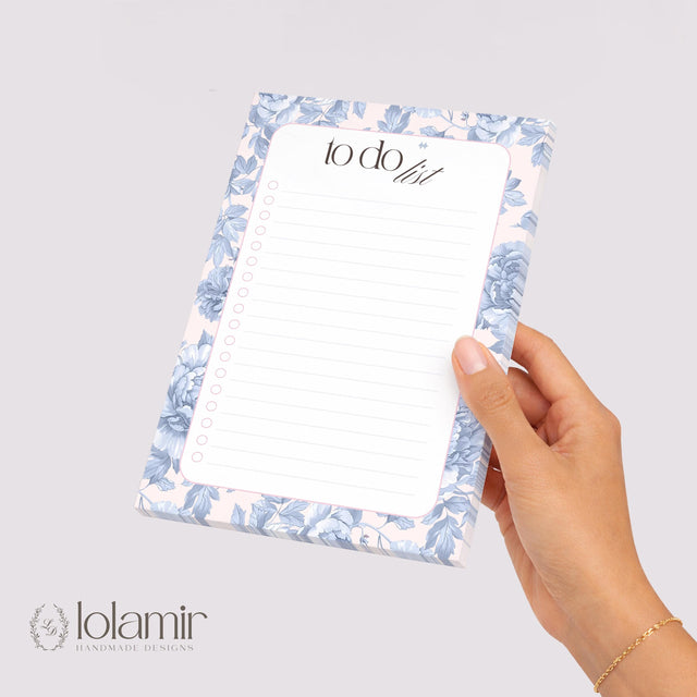 Floral To Do List Notepad | Blue Flowers Pastel Pink Checklist Pad