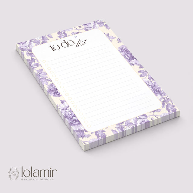 Floral To Do List Notepad | Purple Flowers, Pastel Yellow Checklist Pad