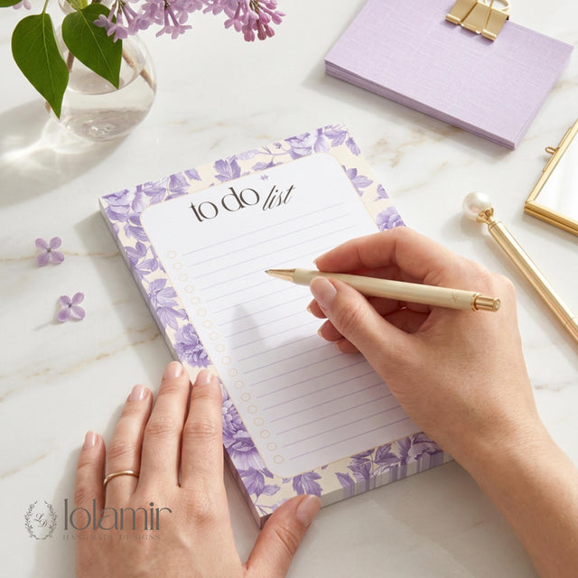 Floral To Do List Notepad | Purple Flowers, Pastel Yellow Checklist Pad