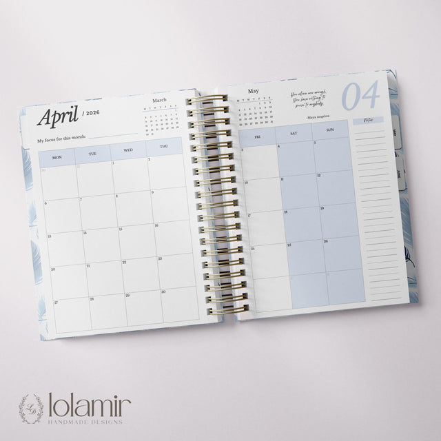 Wispy Feathers Quarterly | Weekly Spiral Planner | Blue