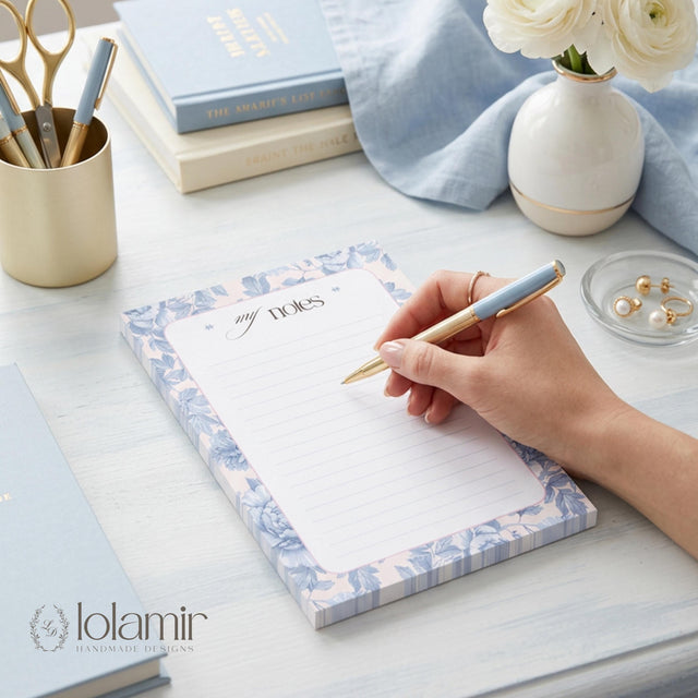 Floral Lined Notepad | Pastel Blue Pink Stationery Tear-Off Pad (5x7)