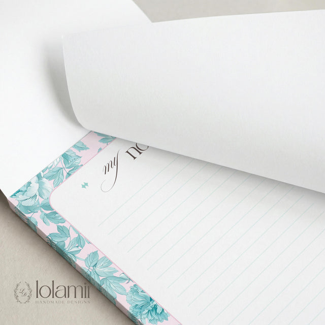 Floral Lined Notepad | Pastel Teal Pink Desk Pad | 5x7 Stationery Gift