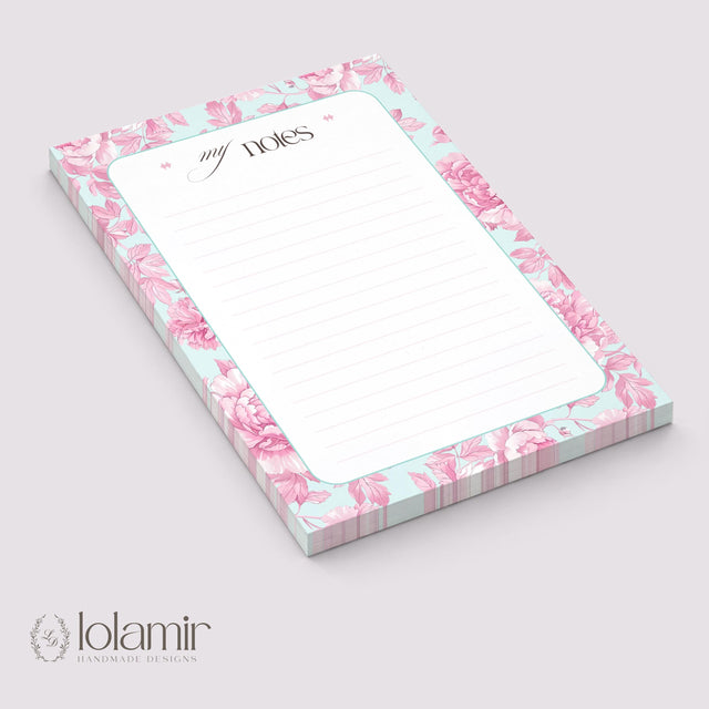 Floral Lined Notepad | Pastel Pink Teal Desk Stationery Pad (5x7)