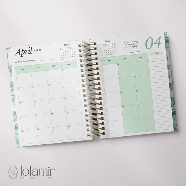 Dreamy Peonies | Daily Spiral Planner |  Custom Start Month |Green