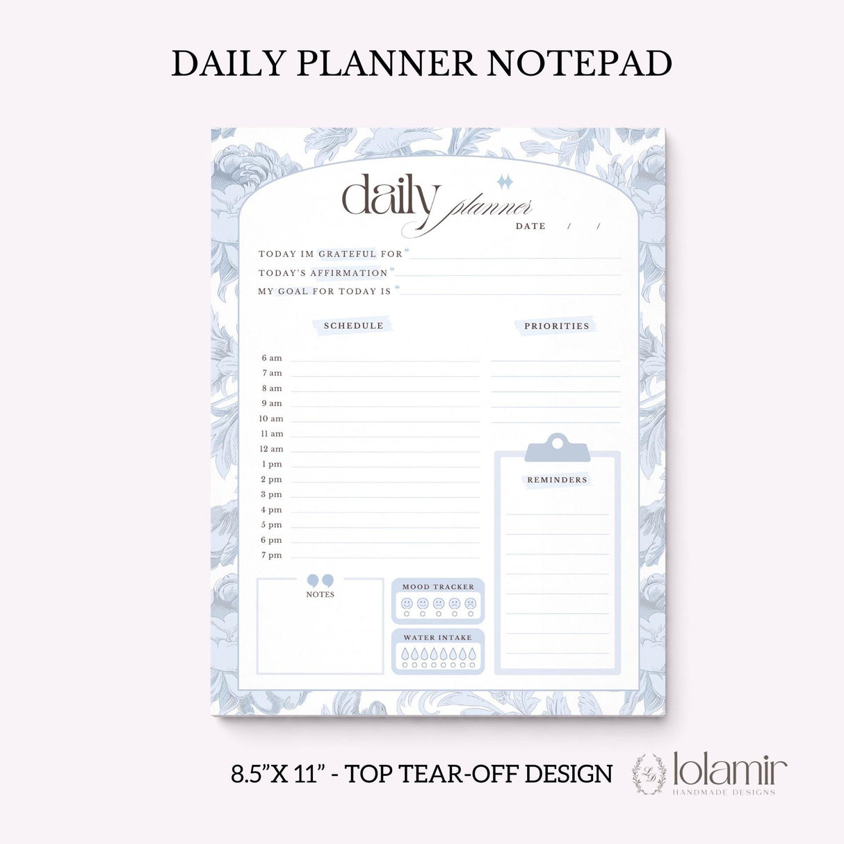 Daily Planner Notepad - Dreamy Peonies - Blue