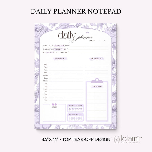 Daily Planner Notepad Purple Lilies | Tear Off Undated Letter Size | Gift