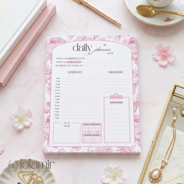 Daily Planner Notepad Pink Lilies | Tear Off Undated Letter Size | Gift