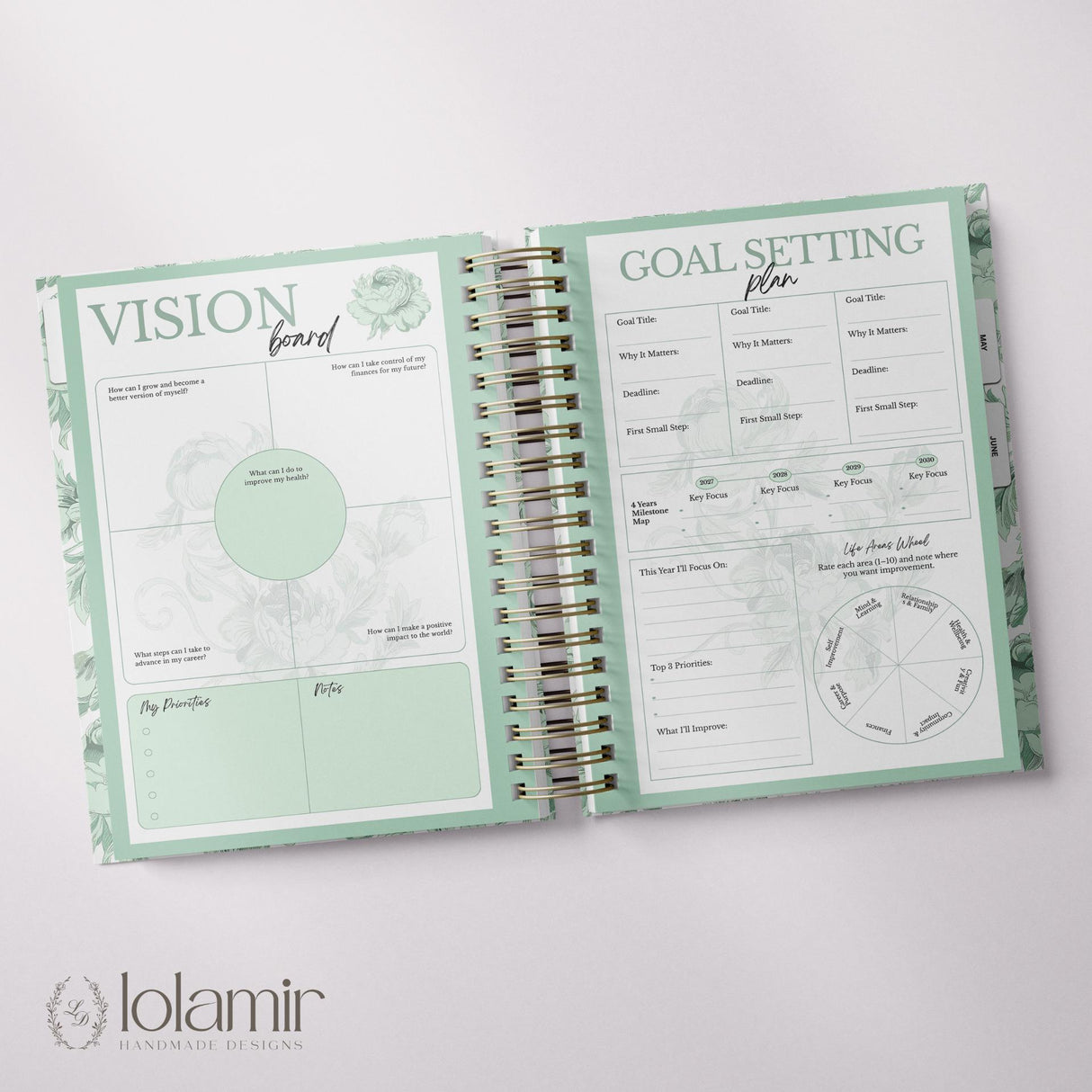 DAILY - Dreamy Peonies - Spiral Planner - Custom Start Month - Green - view 4