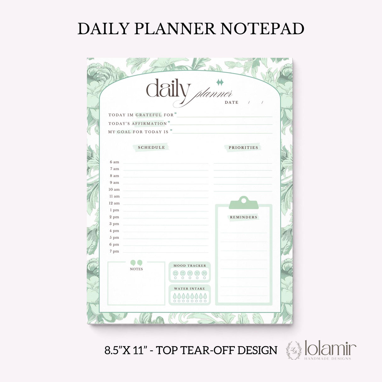 Daily Planner Notepad - Dreamy Peonies - Green
